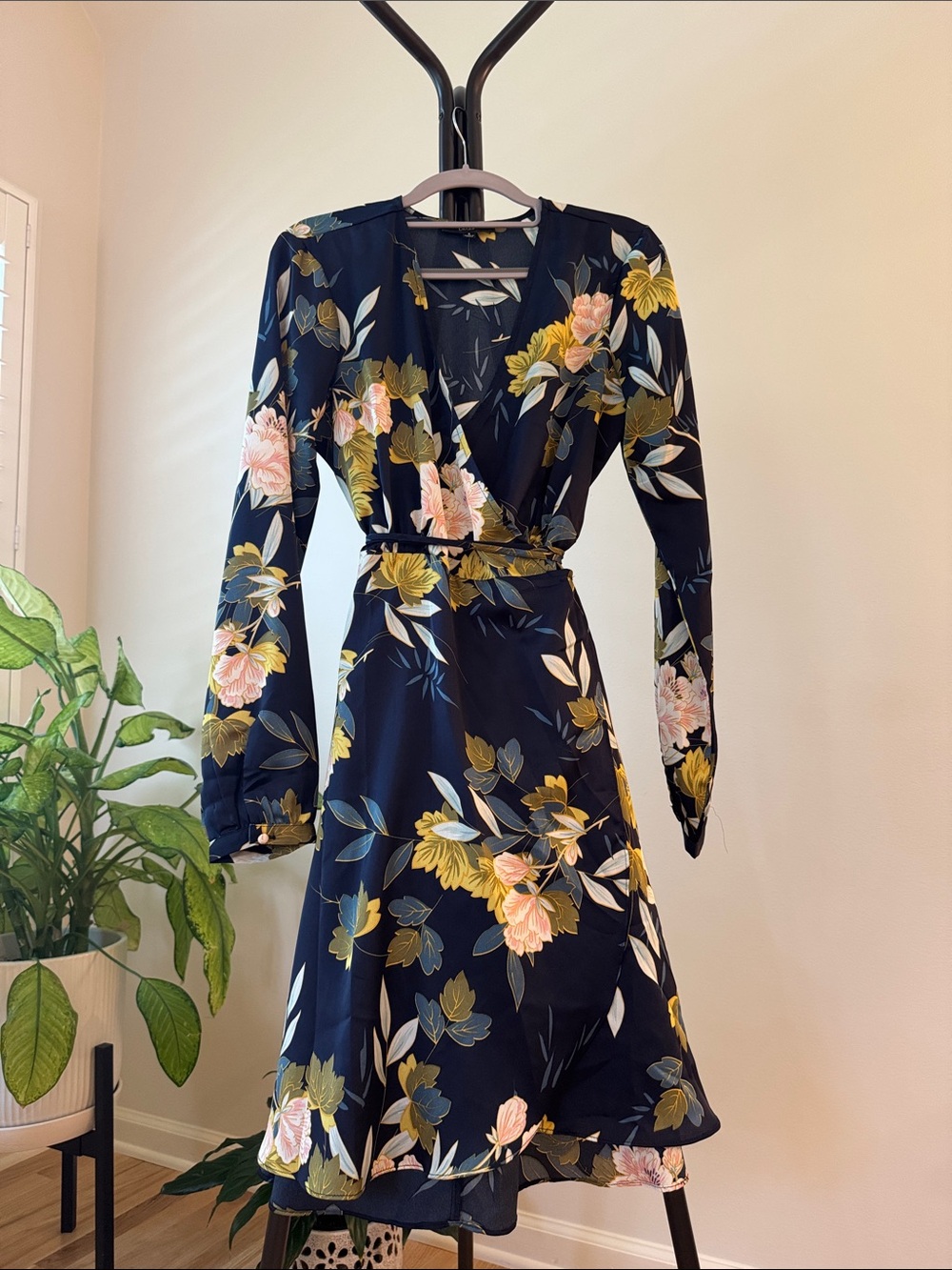 Lulu's Navy Floral Wrap Midi Dress with Pink & Yellow Blooms